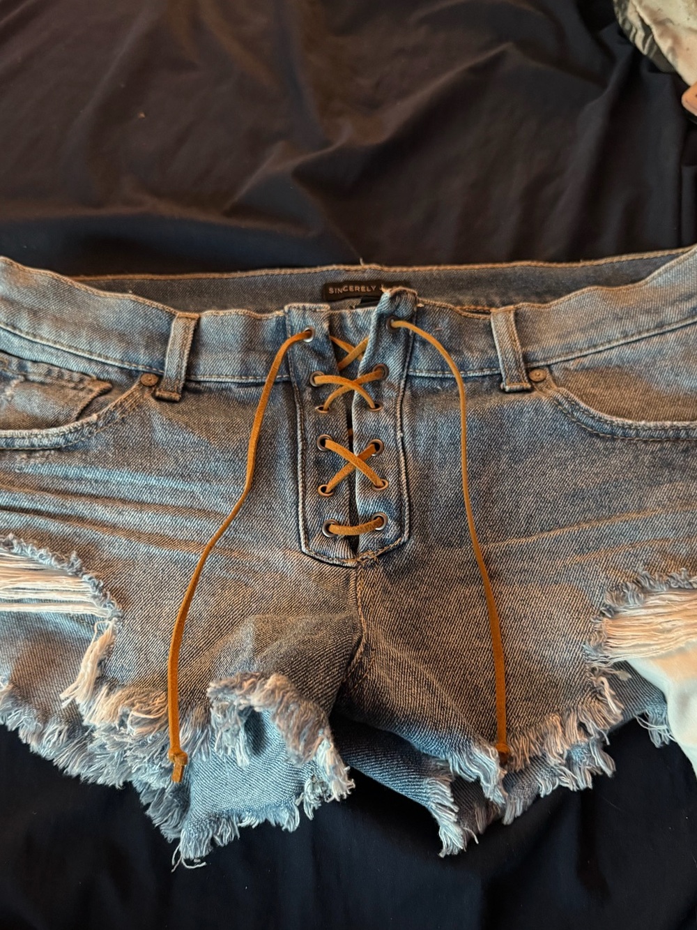Denim Blue Lace-Up Distressed Women’s Shorts